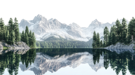 mountain lake with clear reflections on a transparent background