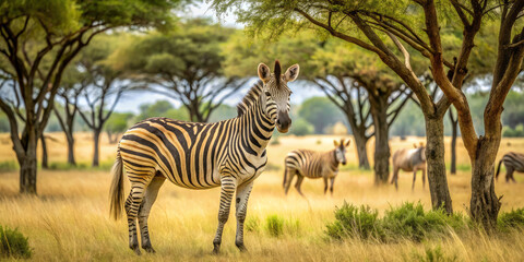 Obraz premium zebra stands gracefully in golden savanna, surrounded by acacia trees and fellow zebras. serene landscape captures beauty of wildlife in its natural habitat
