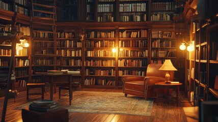 A cozy library filled with warm light, bookshelves, and a comfortable chair ideal for reading and relaxation.