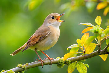 Obraz premium cheerful bird sings joyfully while perched on branch surrounded by vibrant green leaves. Its lively presence adds touch of natures beauty to scene