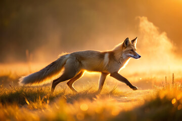 Fototapeta premium beige fox trotting through morning mist, illuminated by warm glow of sunrise. serene atmosphere captures beauty of nature and elegance of wildlife