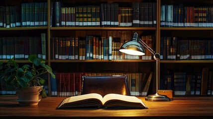 Fototapeta premium A cozy reading space featuring an open book and a desk lamp, set against a backdrop of well-stocked bookshelves.