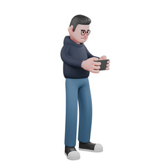 Illustration of Male Tech Professional. A male programmer is standing facing left holding a cellphone horizontally with both hands. 3D Programmer