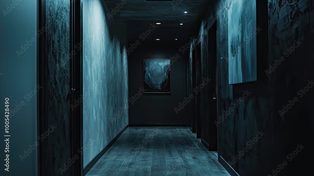 Poster a dark and atmospheric hallway with textured walls and soft lighting, creating a mysterious and mood