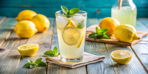 Fototapeta premium Refreshing lemonade with mint leaves and lemon slices, served in glass. vibrant colors and fresh ingredients evoke sense of summer joy and relaxation