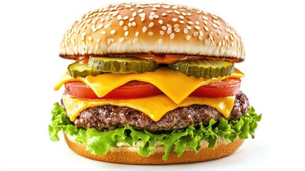 A delicious cheeseburger featuring fresh vegetables, melted cheese, and a sesame seed bun, perfect for food lovers.