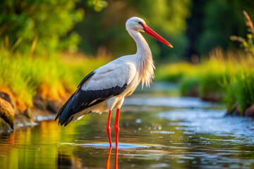 Fototapeta premium white stork stands gracefully in shallow river, surrounded by lush greenery. Its striking red beak and long legs create beautiful contrast against serene water