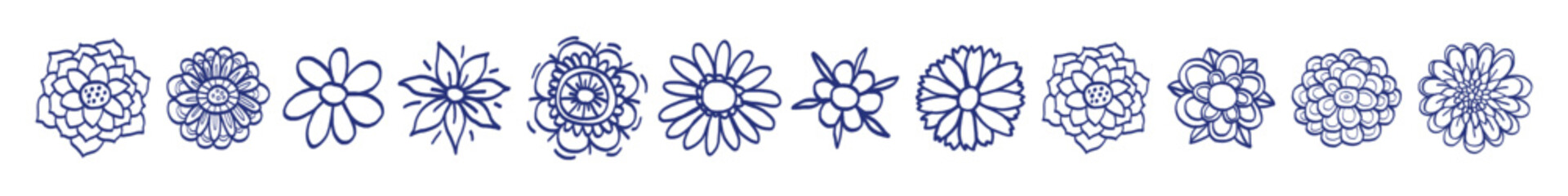 Flower sketch collection. Hand drawn vector illustration set. Blue pen or marker drawing. Primitive kids picture