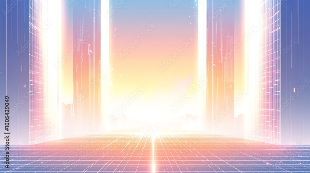Poster abstract digital background with glowing light beams and a grid floor.