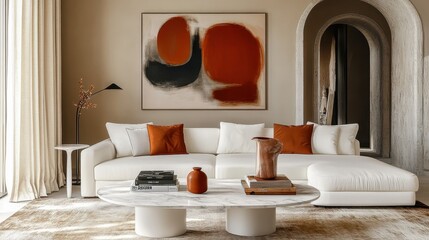 Modern luxurious living room, minimalist design, white sectional sofa, orange accent pillows, round marble coffee table, abstract red and black artwork, arched doorway, floor lamp, beige curtains, neu