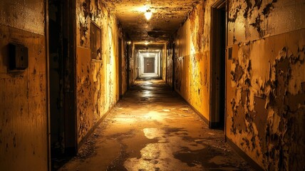 Obraz premium A dimly lit, abandoned hallway featuring peeling paint and a worn floor, creating a haunting atmosphere of neglect and decay.