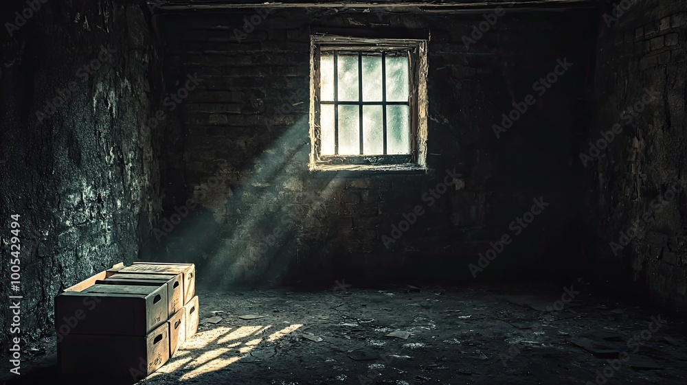 Poster a dimly lit room features a window allowing beams of light to illuminate dusty boxes, creating a ser
