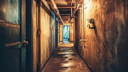 Fototapeta premium A dimly lit corridor with weathered walls and pipes, leading towards a mysterious door illuminated by soft light.