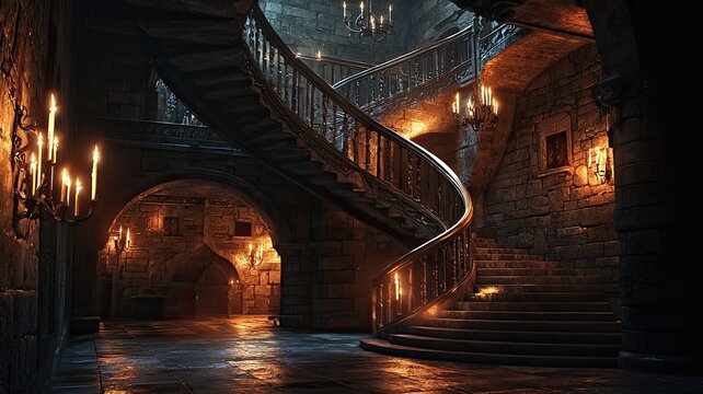 A dimly lit, candlelit staircase in a grand, old house. The stone walls and wooden handrails create an atmosphere of mystery and history.