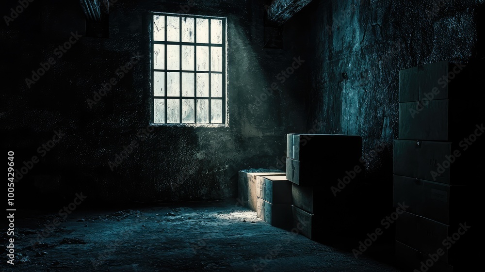 Poster a dimly lit room with a window casting light on dark boxes, creating an atmosphere of mystery and so