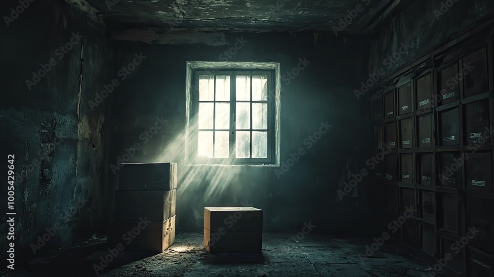 Poster a dimly lit room with a window casting light on an empty box, evoking mystery and solitude in a star