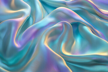 A close-up of iridescent fabric, showcasing soft folds and shimmering colors that create a visually appealing texture.