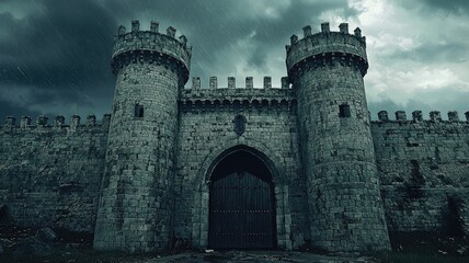 A dramatic castle entrance under a stormy sky, showcasing historic architecture and a sense of mystery and adventure.