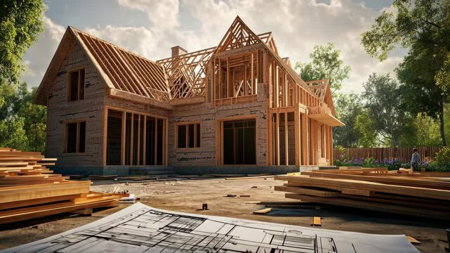 A new house is under construction on a sunny day