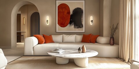 Modern luxurious living room, minimalist design, white sectional sofa, orange accent pillows, round marble coffee table, abstract red and black artwork, arched doorway, floor lamp, beige curtains, neu