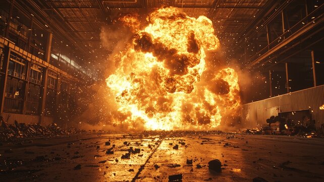 A dramatic explosion inside an abandoned warehouse, showcasing flames and debris in a powerful display of destruction.