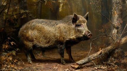 Wild Boar in the Forest - A Realistic Painting