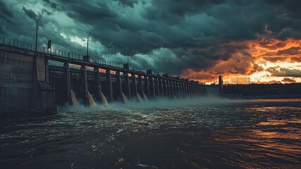 A dramatic landscape featuring a dam under a stormy sky, with flowing water and a vibrant sunset in the background.