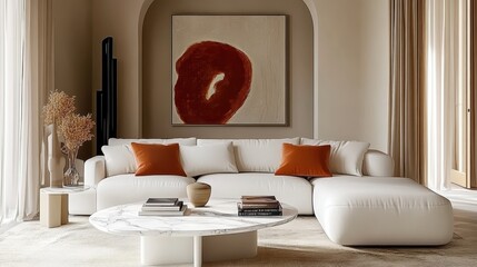 Modern luxurious living room, minimalist design, white sectional sofa, orange accent pillows, round marble coffee table, abstract red and black artwork, arched doorway, floor lamp, beige curtains, neu
