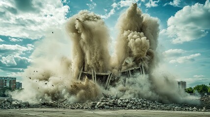 A dramatic scene of demolition, showcasing dust and debris as a structure collapses against a bright sky.