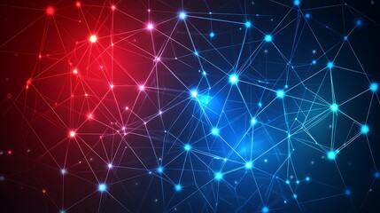 Obraz premium Abstract background with red and blue glowing dots connected by lines.