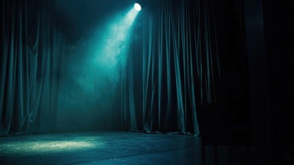 A dramatic stage scene with soft lighting and curtains, creating an atmosphere of anticipation and creativity.