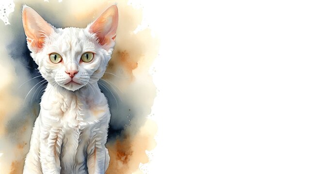White Devon Rex cat, captured in a serene watercolor portrait. Drawing. Art. Illustration. Copy Space. 2