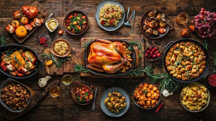 A festive table spread featuring a golden roasted turkey, seasonal sides, and vibrant vegetables, perfect for holiday gatherings.