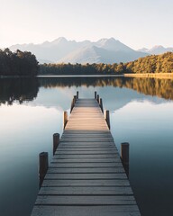 Fototapeta premium A wooden pier extends into a still lake with mountains in the background, bathed in the golden glow of sunrise.