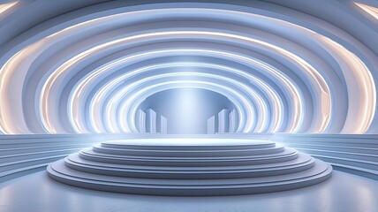 Obraz premium A futuristic, minimalistic stage design featuring soft glowing lights that create a serene atmosphere for presentations or events.