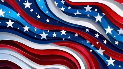 Abstract representation of the American flag with wavy red, white, and blue stripes and white stars on a dynamic background.