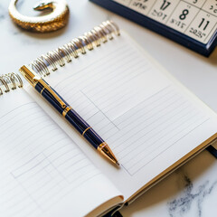 clean modern image of a notebook open to a blank page A pen is placed beside the notebook ready to write In the background a small delicate snake charm lies next to a calendar showing January 1st