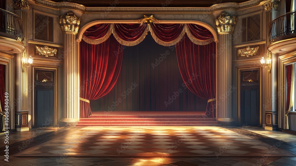 Poster a grand theater stage featuring elegant curtains and intricate architecture, perfect for performance