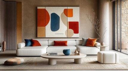 Modern living room, abstract geometric art, white sofa, colorful throw pillows, neutral walls, round coffee tables, contemporary interior design, warm color palette, orange and blue accents, minimalis