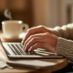Closeup of hands typing on a laptop keyboard in a cozy home office with a cup of coffee and a notebook capturing the warmth and focus of remote work