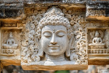 A close-up of a stone carving of Buddha's face, framed by intricate floral patterns.
