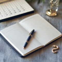 clean modern image of a notebook open to a blank page A pen is placed beside the notebook ready to write In the background a small delicate snake charm lies next to a calendar showing January 1st