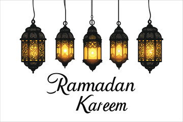 Obraz premium Ramadan Kareem calligraphy text design, Luminous lantern with Ramadan Kareem text, Islamic traditional lanterns and lamps, Islamic Ramadan Kareem festival ornament, Traditional Ramadan Kareem vector