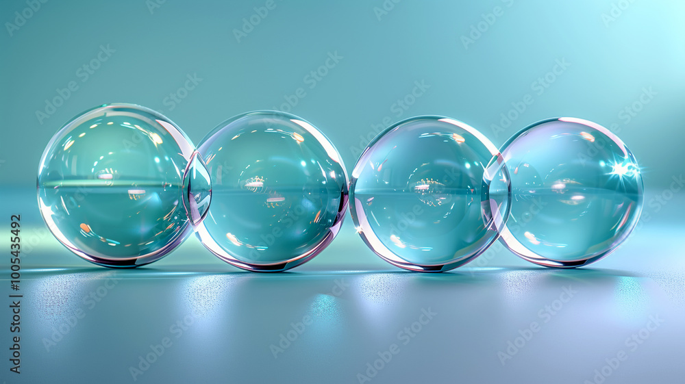Poster translucent bubbles arranged in a line against a soft teal background