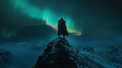 Obraz premium A lone figure stands atop a snowy mountain, gazing at the mesmerizing aurora borealis in the night sky.