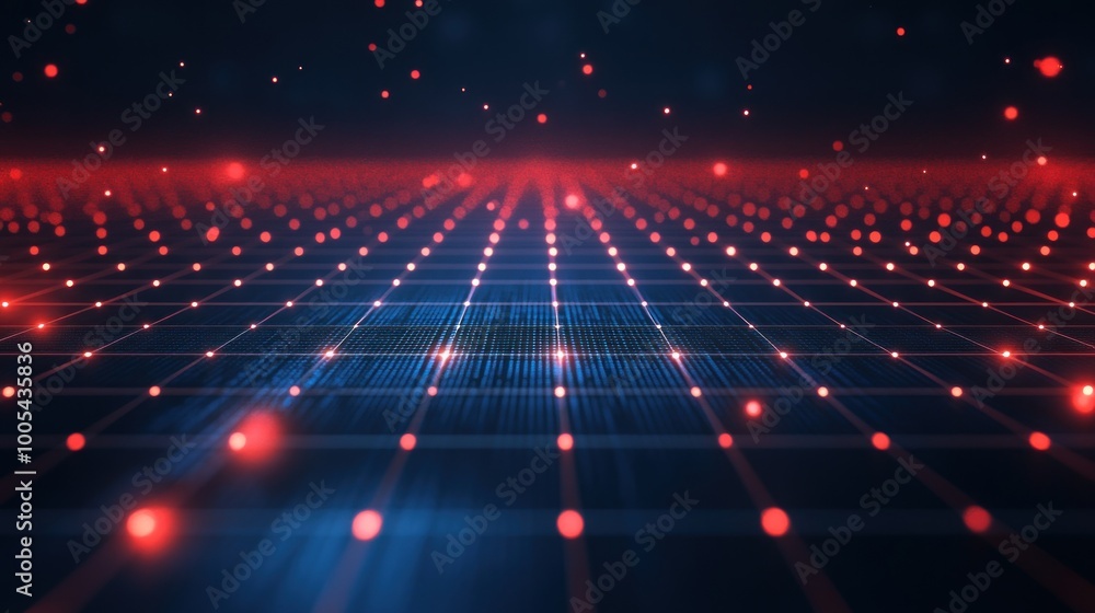 Poster abstract digital landscape with glowing red and blue grid points creating a futuristic vibe.
