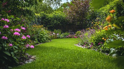 A lush garden pathway surrounded by vibrant flowers and green grass, offering a serene and picturesque outdoor escape.