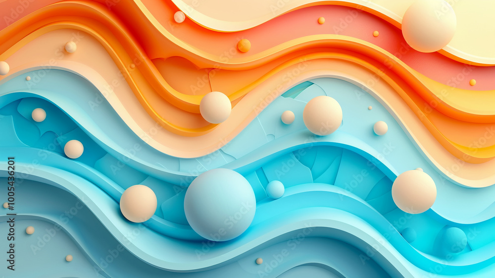 Poster colorful waves of layered textures and floating spheres in a whimsical design