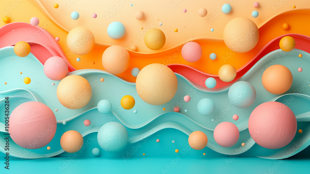 Poster colorful abstract composition with layered waves and spheres in playful arrangement