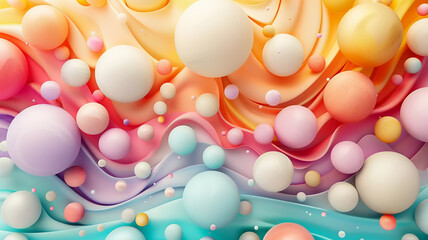 Colorful spheres floating over a smooth, wavy surface in a vibrant abstract composition
